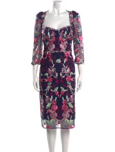 Pre-owned Marchesa Notte Floral Print Midi Length Dress W/ Tags In Blue