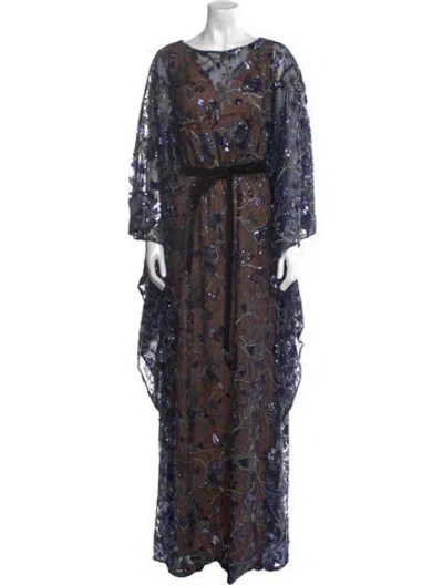 Pre-owned Marchesa Notte Floral Print Midi Length Dress W/ Tags In Blue