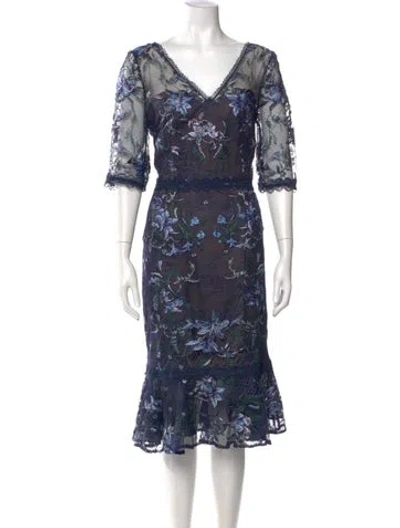 Pre-owned Marchesa Notte Floral Print Midi Length Dress W/ Tags In Blue