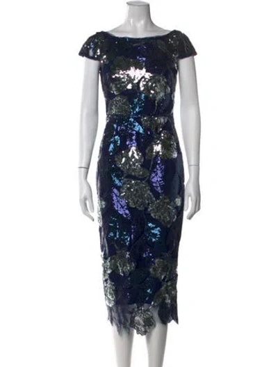 Pre-owned Marchesa Notte Floral Print Midi Length Dress W/ Tags In Blue