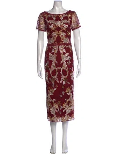 Pre-owned Marchesa Notte Floral Print Midi Length Dress W/ Tags In Burgundy