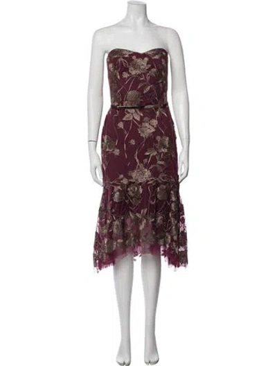 Pre-owned Marchesa Notte Floral Print Midi Length Dress W/ Tags In Burgundy/metallic