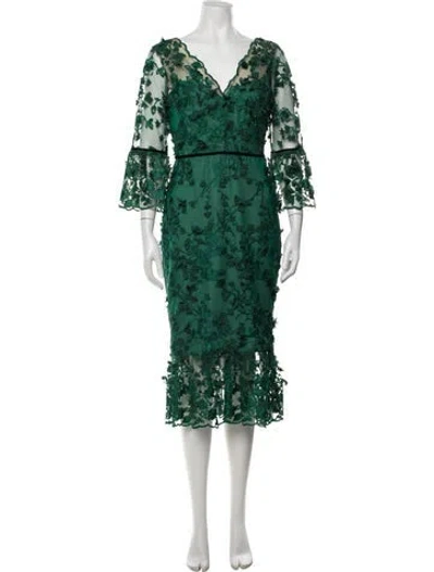 Pre-owned Marchesa Notte Floral Print Midi Length Dress W/ Tags In Green