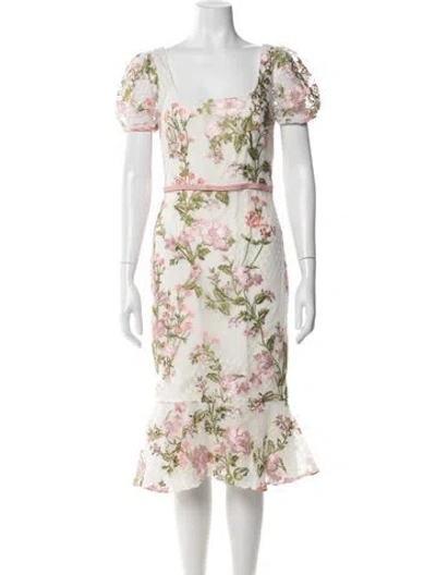 Pre-owned Marchesa Notte Floral Print Midi Length Dress In White