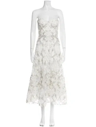 Pre-owned Marchesa Notte Floral Print Midi Length Dress In White