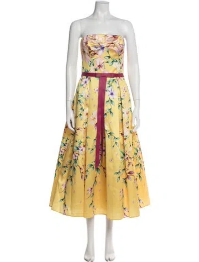 Pre-owned Marchesa Notte Floral Print Midi Length Dress In Yellow