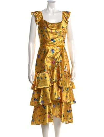 Pre-owned Marchesa Notte Floral Print Midi Length Dress In Yellow