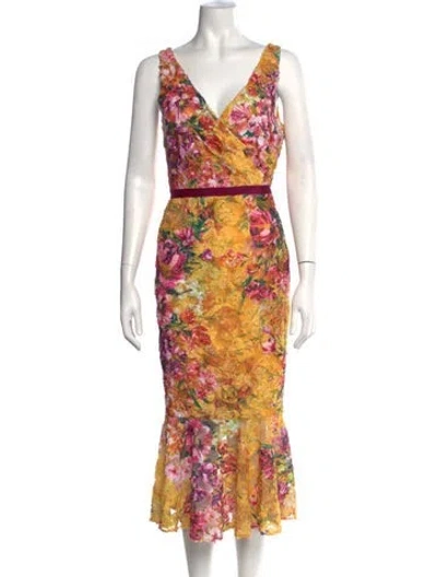 Pre-owned Marchesa Notte Floral Print Midi Length Dress In Yellow