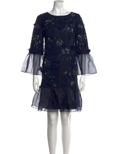 Pre-owned Marchesa Notte Floral Print Mini Dress In Blue