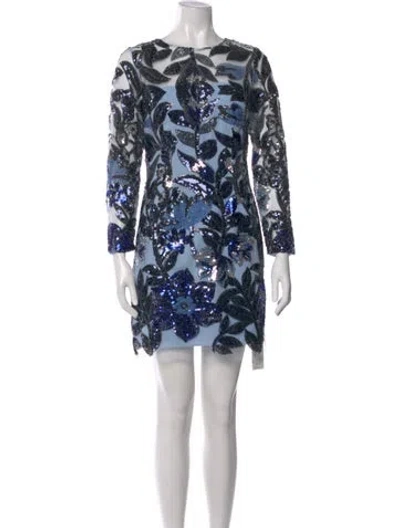 Pre-owned Marchesa Notte Floral Print Mini Dress In Blue