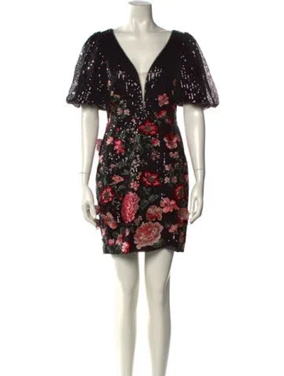 Pre-owned Marchesa Notte Floral Print Mini Dress W/ Tags In Black