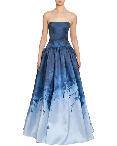 Marchesa Notte Floral Printed Mikado Gown In Blue