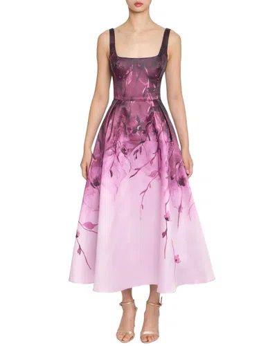 Marchesa Notte Floral Printed Mikado Midi Dress In Purple