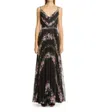 Marchesa Notte Floral Sleeveless Pleated Chiffon Gown In Black In Black
