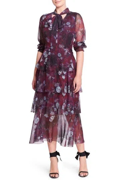 Marchesa Notte Floral Tiered Chiffon Midi Dress In Purple