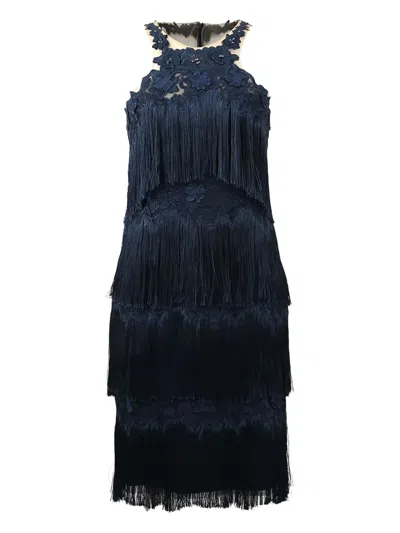 Marchesa Notte Fringe Midi Dress In Blue