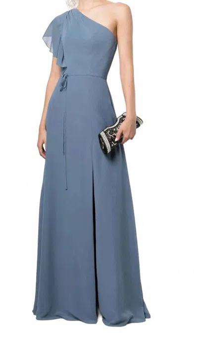 Marchesa Notte Gathered One Shoulder Gown In Slate Blue