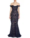 Marchesa Notte Off-the-shoulder Guipure Lace Gown In Blue