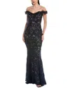 Marchesa Notte Off-the-shoulder Guipure Lace Gown In Blue