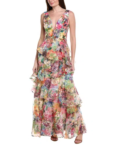 Marchesa Notte Floral-embroidered V-neck Maxi Dress In Multicolour