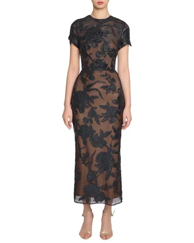 Marchesa Notte Guipure Sheath Maxi Dress In Black