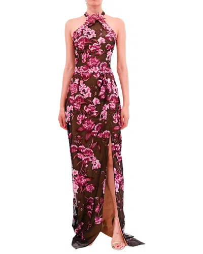 Marchesa Notte Halter Embroidered Tulle Gown In Burgundy