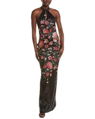 Marchesa Notte Halter Neck Printed Dress In Black