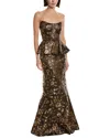 Marchesa Notte Jacquard Peplum Gown In Brown