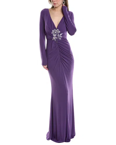 Marchesa Notte Floral-appliqué Ruched Gown In Purple