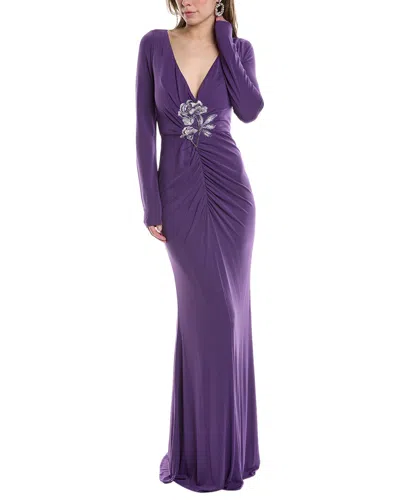 Marchesa Notte Floral-appliqué Ruched Gown In Blue