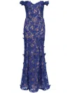 Marchesa Notte Off-the-shoulder Guipure Lace Gown In Blau