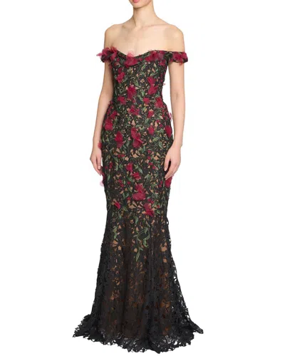 Marchesa Notte Lace Guipure Gown In Brown