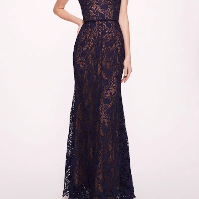 Marchesa Notte Lace Mermaid Gown In Blue