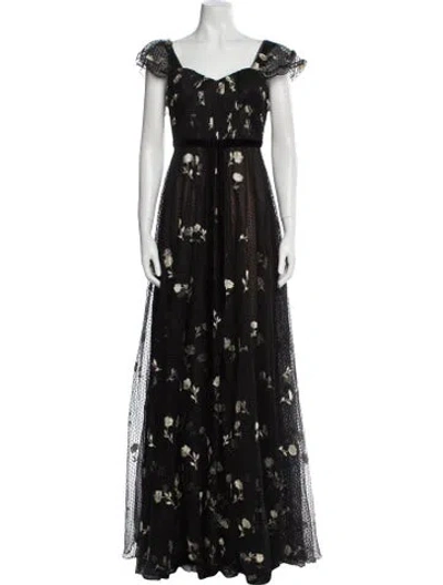 Pre-owned Marchesa Notte Lace Pattern Long Dress In Black