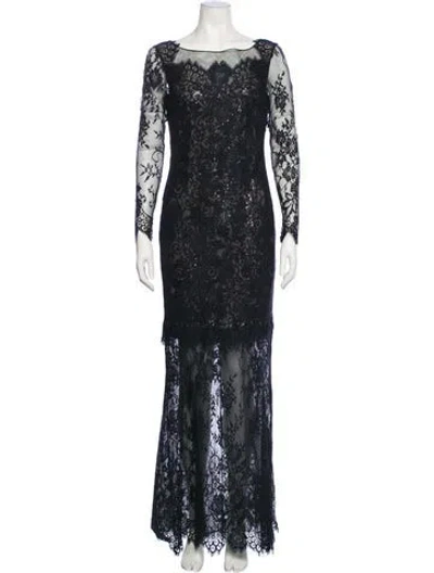 Pre-owned Marchesa Notte Lace Pattern Long Dress In Black