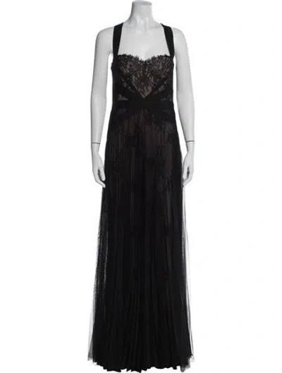 Pre-owned Marchesa Notte Lace Pattern Long Dress In Black