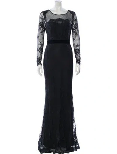 Pre-owned Marchesa Notte Lace Pattern Long Dress In Black