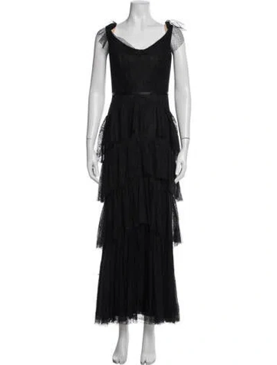 Pre-owned Marchesa Notte Lace Pattern Long Dress In Black