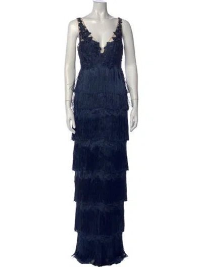 Pre-owned Marchesa Notte Lace Pattern Long Dress In Blue