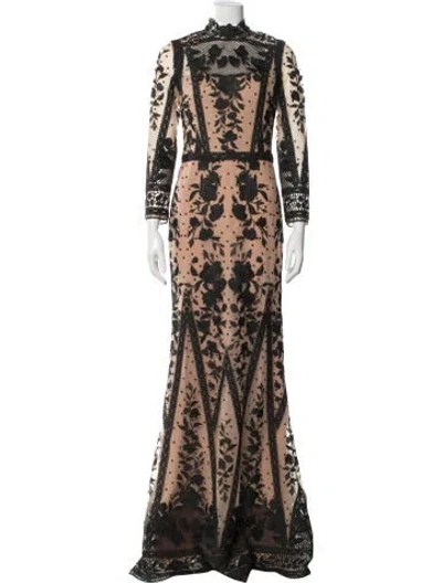 Pre-owned Marchesa Notte Lace Pattern Long Dress In Brown