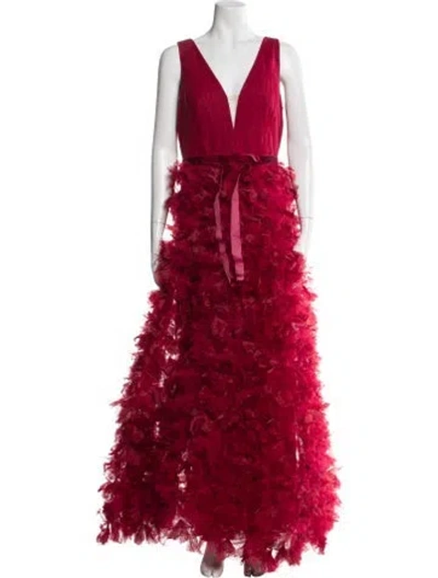 Pre-owned Marchesa Notte Lace Pattern Long Dress In Burgundy
