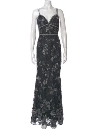 Pre-owned Marchesa Notte Lace Pattern Long Dress In Gray