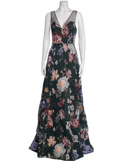 Pre-owned Marchesa Notte Lace Pattern Long Dress In Green