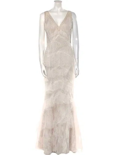 Pre-owned Marchesa Notte Lace Pattern Long Dress In Neutral