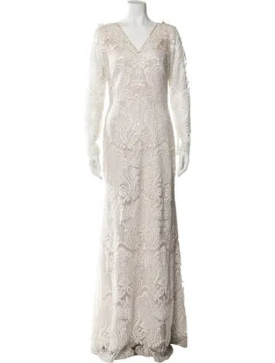 Pre-owned Marchesa Notte Lace Pattern Long Dress In Neutral