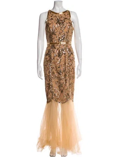 Pre-owned Marchesa Notte Lace Pattern Long Dress In Neutral