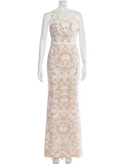 Pre-owned Marchesa Notte Lace Pattern Long Dress In Neutral