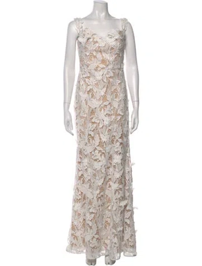 Pre-owned Marchesa Notte Lace Pattern Long Dress In Neutral