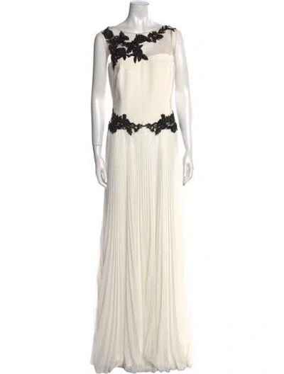 Pre-owned Marchesa Notte Lace Pattern Long Dress In Neutrals