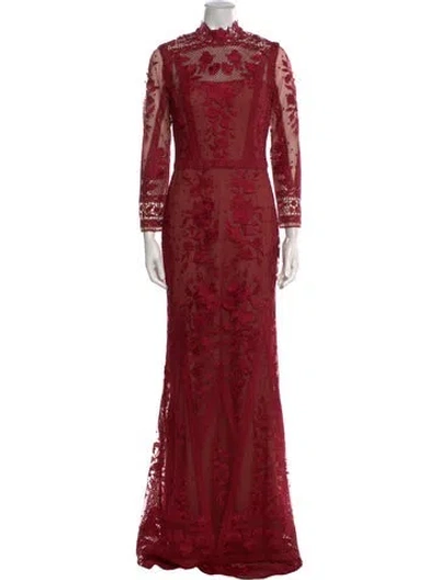 Pre-owned Marchesa Notte Lace Pattern Long Dress In Red